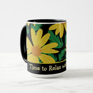 Yellow daisy flowers with green leaves mug