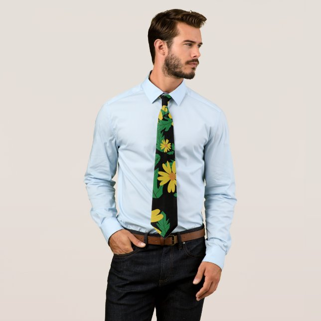 Yellow daisy flowers with green leaves  neck tie (In Situ)
