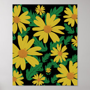 Yellow daisy flowers with green leaves poster