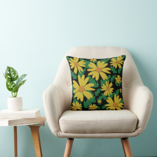 Yellow daisy flowers with green leaves throw pill cushion