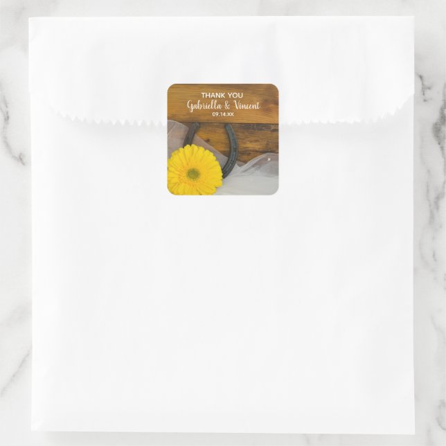 Yellow Daisy Horseshoe Western Wedding Thank You Square Sticker (Bag)