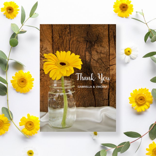 Yellow Daisy in Mason Jar Barn Wedding Thank You Card (Creator Uploaded)