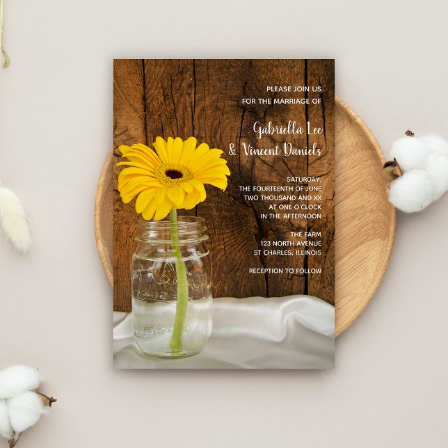 Yellow Daisy in Mason Jar Country Barn Wedding Invitation (Creator Uploaded)