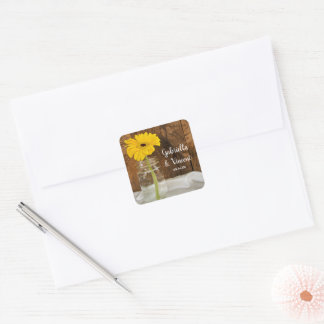 Yellow Daisy in Mason Jar Country Wedding Square Sticker
