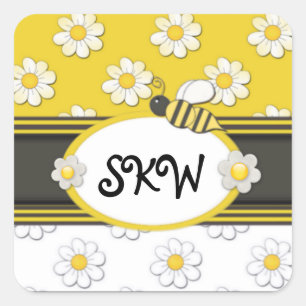 Yellow Daisy Monogram Square Sticker