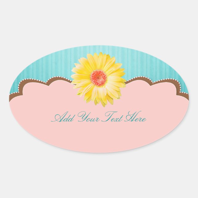 Yellow Daisy on Pink & Teal Customisable Oval Sticker (Front)