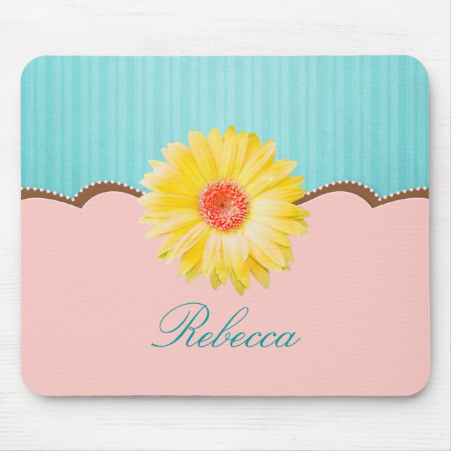 Yellow Daisy on Pink & Teal Personalised Mouse Mat (Front)