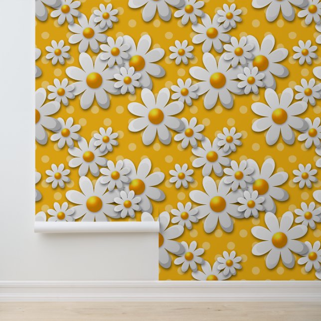 Yellow Daisy Polka Dot 60s Revival Vintage Wallpaper (Application)