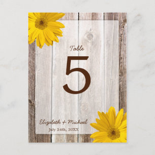 Yellow Daisy Rustic Barn Wood Wedding Table Number Postcard