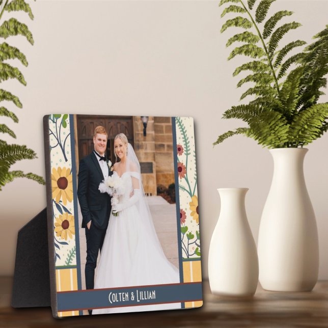 Yellow Daisy Stripe Photo Customised Names Black Plaque (Creator Uploaded)