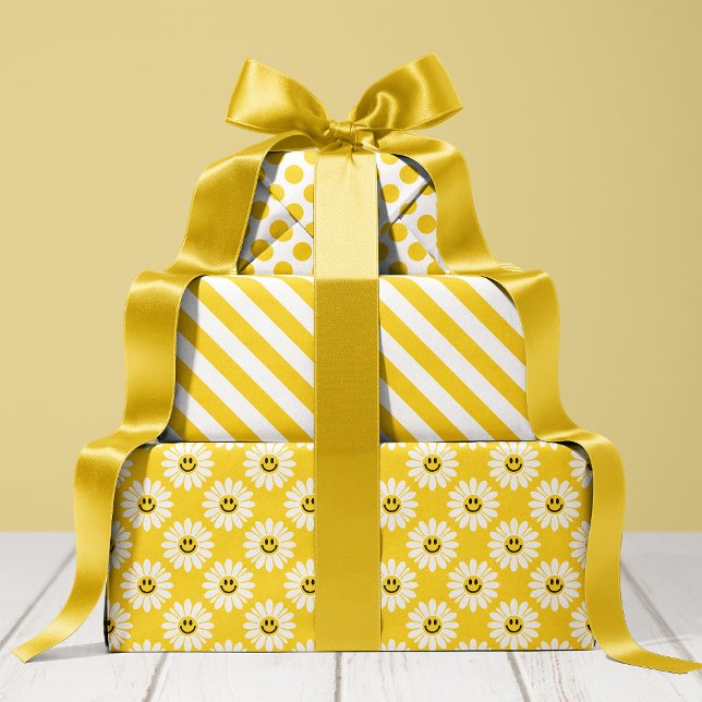 Yellow Daisy Striped and Polka Dot Wrapping Paper Sheet (Creator Uploaded)