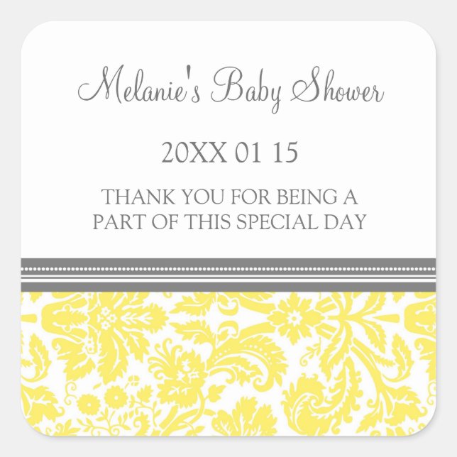 Yellow Damask Baby Shower Favour Stickers (Front)