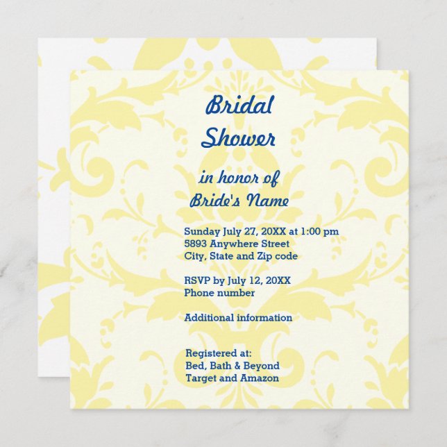 Yellow Damask Background Bridal Shower Invitation (Front/Back)