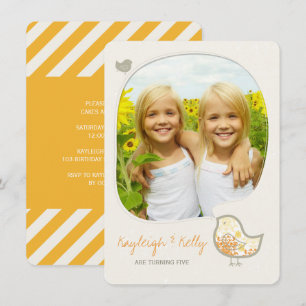 Yellow Damask Bird Twin Girls Photo Birthday Party Invitation