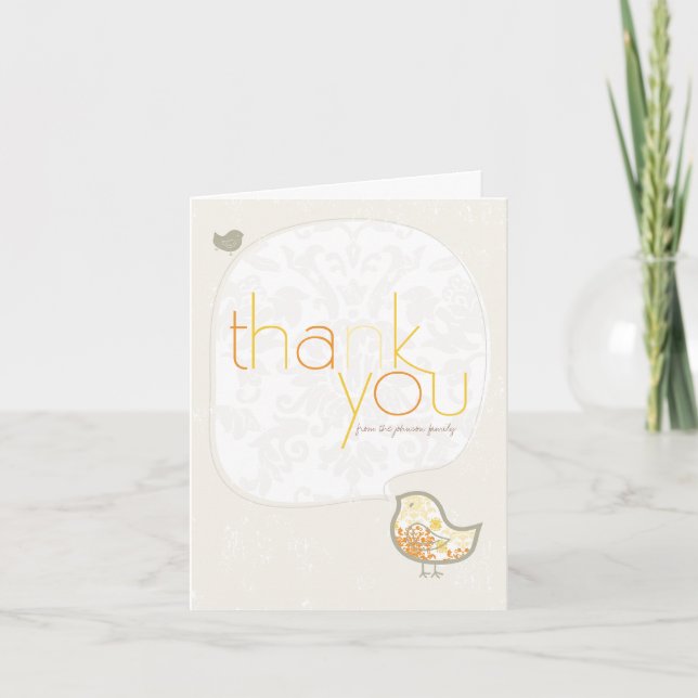 Yellow Damask Chick Whimsical Baby Shower/Birth Thank You Card (Front)