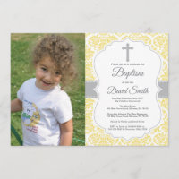 Yellow Damask Cross Baptism Invitation