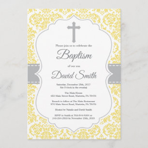 Yellow Damask Cross Baptism Invitation