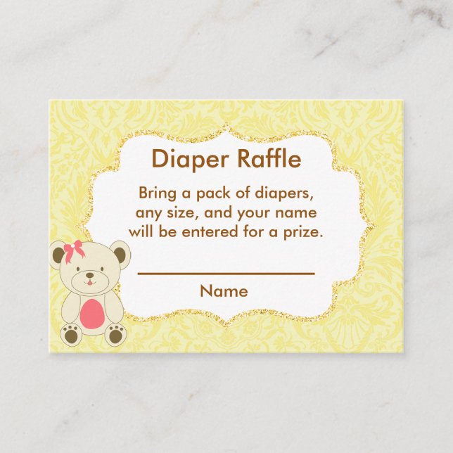 Yellow Damask Diaper Raffle Insert Bear (Front)