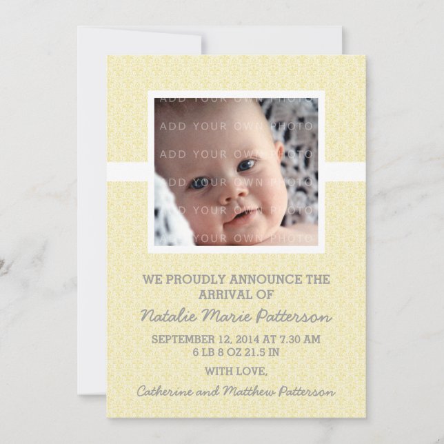 Yellow Damask Frame Photo Baby Announcement (Front)