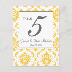 Yellow Damask Grey Wedding Table Number Cards