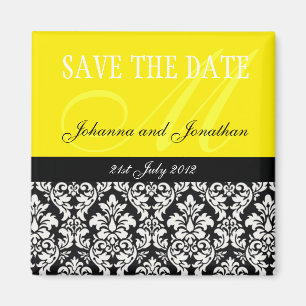 Yellow Damask Monogram Save The Date Magnets