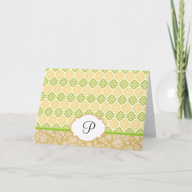 Yellow Damask Monogrammed Notecards (Front)