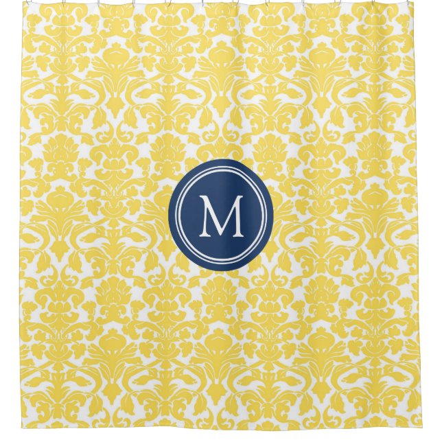 Yellow Damask Navy Monogram Shower Curtain (Front)