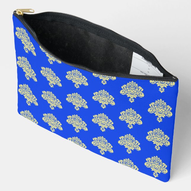 Yellow damask on blue accessory pouch (Open)