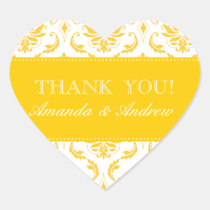 Yellow Damask Personalised Wedding Thank You Heart Sticker