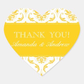 Yellow Damask Personalised Wedding Thank You Heart Sticker