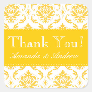 Yellow Damask Personalised Wedding Thank You Square Sticker