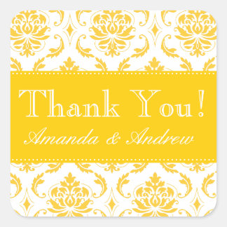 Yellow Damask Personalised Wedding Thank You Square Sticker