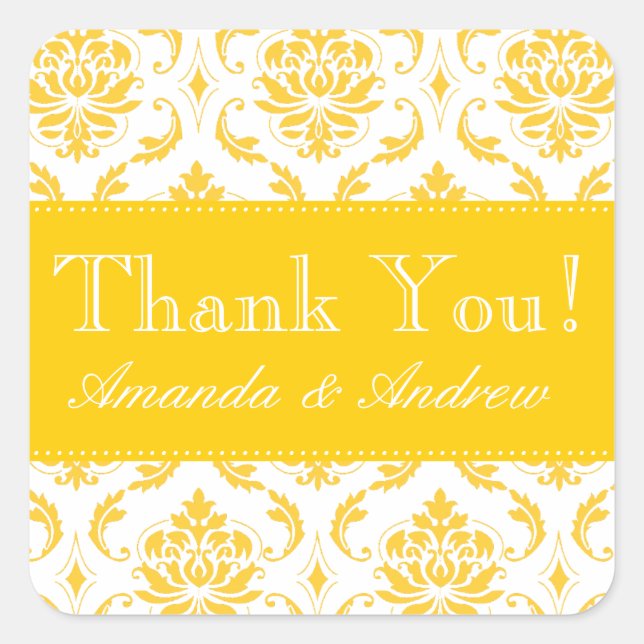 Yellow Damask Personalised Wedding Thank You Square Sticker (Front)