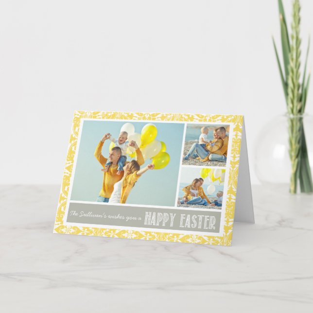 Yellow Damask | Photo Collage Happy Easter Card (Front)
