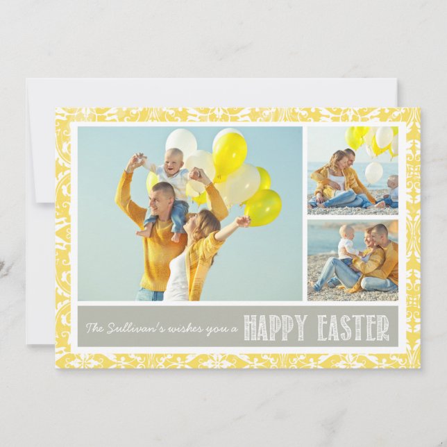 Yellow Damask | Photo Collage Happy Easter Card (Front)