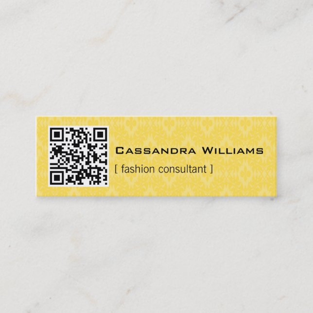 Yellow Damask QR CODE Mini Business Cards (Front)