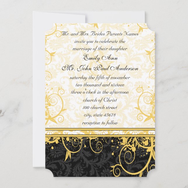 Yellow Damask Swirls Wedding Invitation (Front)