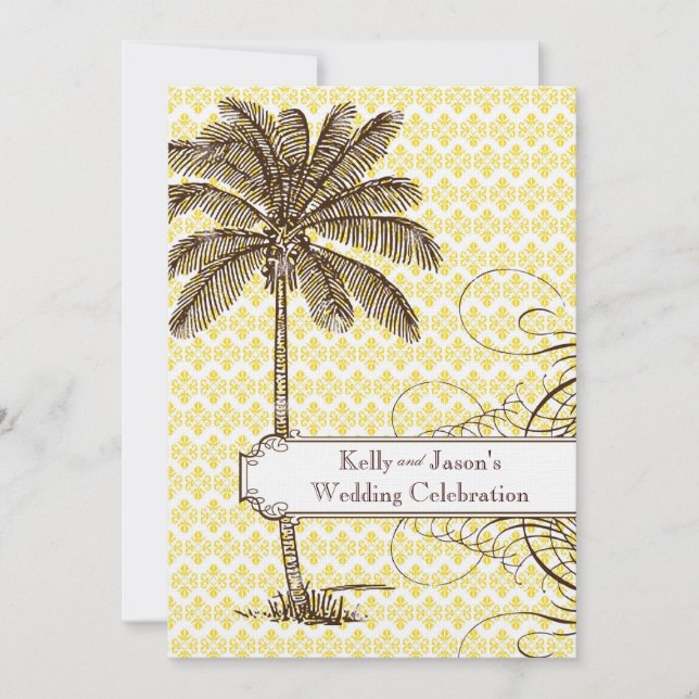 Yellow Damask Tropical Palm Wedding Invitation (Front)