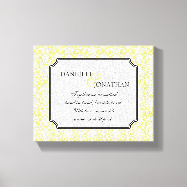 Yellow damask wedding personalised canvas art (Front)