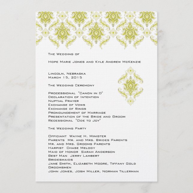 Yellow Damask  Wedding Program Programme (Front)