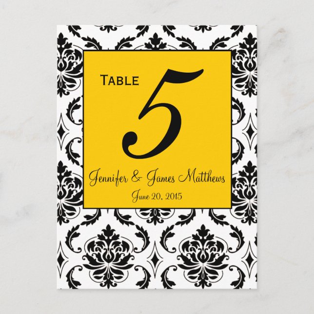 Yellow Damask Wedding Table Number Cards (Front)