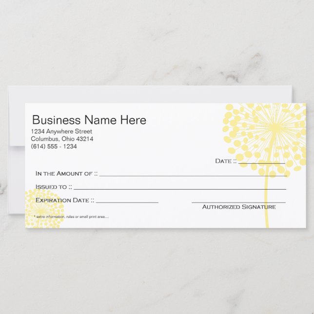 Yellow Dandelion Flower Gift Certificate Design 3 (Front)