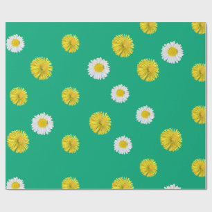 Yellow Dandelion & White Daisy Green Wrapping Paper
