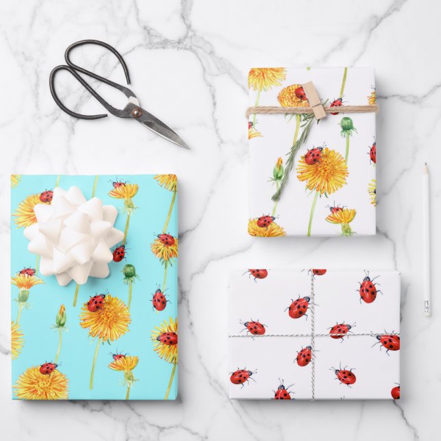 Yellow Dandelions and Red Ladybugs Wrapping Paper Sheet (Front)