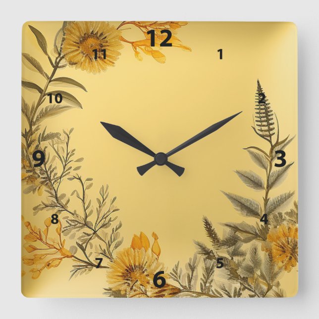 Yellow Dandelions Ferns Greenery Country Square Wall Clock (Front)