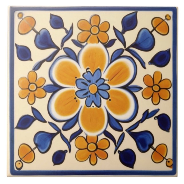 Yellow & Dark Blue Floral Flowers Mediterranean Tile (Front)