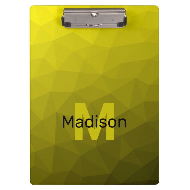 Yellow dark ombre geometric mesh pattern Monogram Clipboard (Front)
