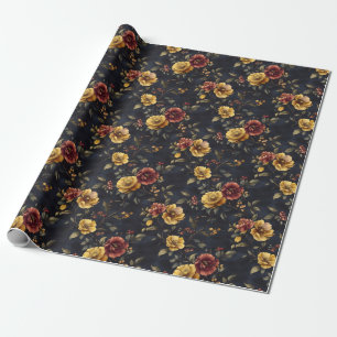 Yellow & Dark Pink Flowers on Navy Blue  Wrapping Paper