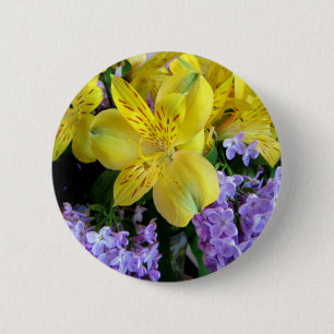 Yellow Daylilies & Purple Lilac Flowers 6 Cm Round Badge