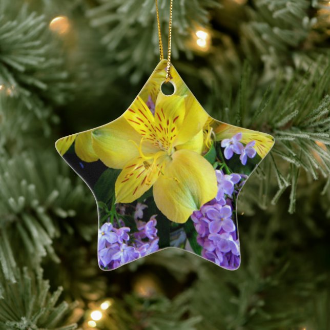 Yellow Daylilies & Purple Lilac Flowers Ceramic Tree Decoration (Tree)